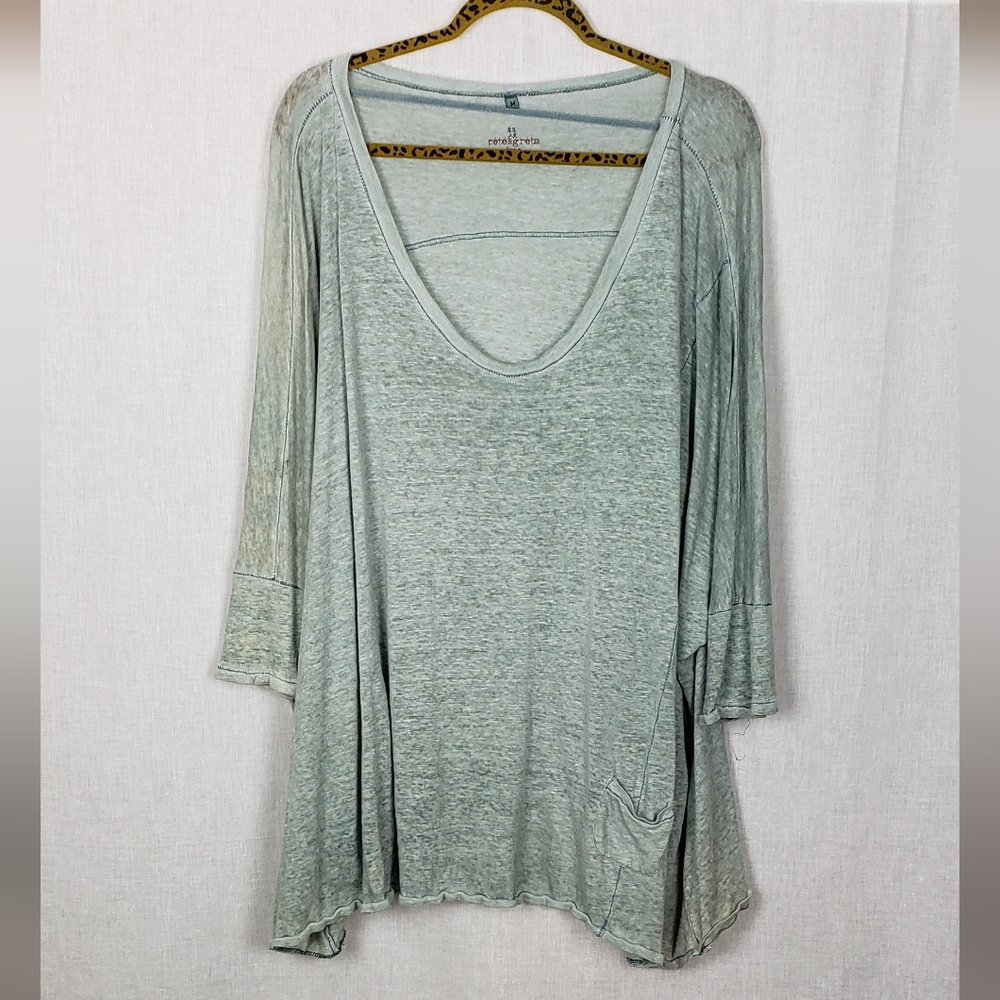Johnny Was Pete & Greta  Tunic Top Medium Slub Green Semi Sheer Pocket Lagenlook